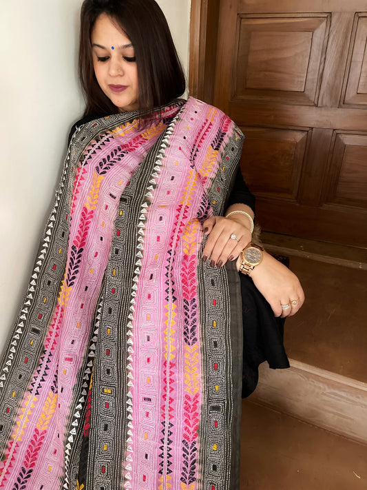 Grey, Pink Handmade Kantha Dupatta in Silk