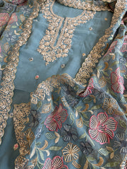Blue Suit Set with Thread Embroidery and Pitta Work in Georgette