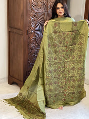 Leaf Green Suit Set with Kantha Handwork in Pure Tussar Silk