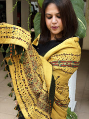 Yellow Ajrakh Handblock Printed Silk-Woollen Shawl