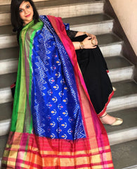 Blue Handwoven Ikat Dupatta in Pure Silk