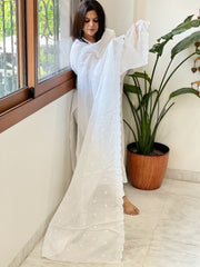 White Kota Cotton Dupatta with Thread Embroidery