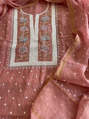 Carrot Peach Suit Set with Pearl, Cut Daana and Thread Handwork in Pure Mul Chanderi