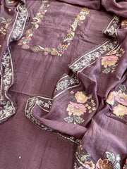 Mauve Suit Set with Thread Handwork and Parsi Gara Dupatta in Mul Cotton