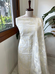 Off white, Pale yellow Applique Jaal Dupatta Suit Set in Chanderi