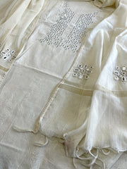 Off-White Suit Set with Thread and Parsi Gara Embroidery in Pure Mul Chanderi