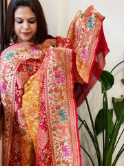 Red Rai Bandhej Dupatta with Meenakari Jaal design in Georgette