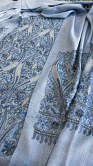 Powder Blue Winter Suit Set with Aari Work in Pashmina Wool