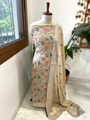Gold Suit Set with Thread Embroidery in Mul Cotton
