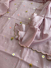 Mauve Suit Set with Thread Embroidery in Pure Mul