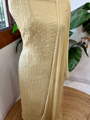 Yellowish Beige Suit Set with Lucknowi Handwork in Pure Mul Cotton
