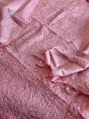 Peachish pink Suit Set with Lucknowi Handwork in Pure Tussar Silk
