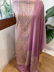 Pinkish Mauve Winter Suit Set with Aari Work in Pashmina Wool