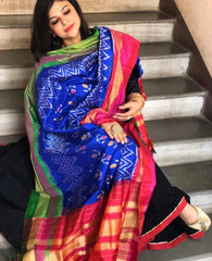 Blue Handwoven Ikat Dupatta in Pure Silk