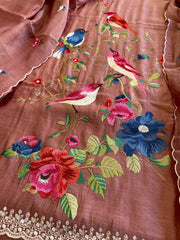 Antique Rose Suit Set with Thread Embroidery in Pure Mul Chanderi