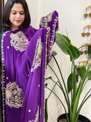 Purple Crepe Dupatta with Pearl, Cut Daana, Gold Thread & Sequin Embroidery