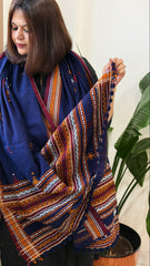 Navy Handwoven Woollen Shawl with Mirror Handwork