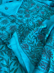 Firoza Suit Set with Kantha Handwork in Pure Tussar Silk