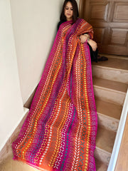 Orange, Pink Handmade Kantha Dupatta in Silk