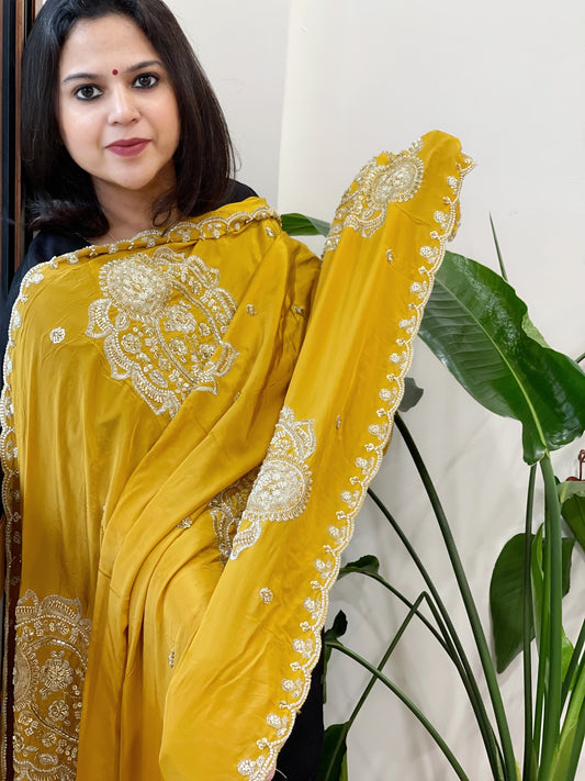 Mustard Yellow Crepe Dupatta with Pearl, Cut Daana, Gold Thread & Sequin Embroidery
