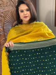 Bottle Green Handwoven Kadwa Banarasi with Hand Bandhani Suit Set in Pure Silk