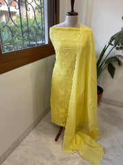 Yellow Suit Set with Thread Embroidery in Pure Mul