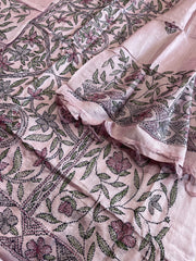 Lavender Suit Set with Kantha Handwork in Pure Tussar Silk