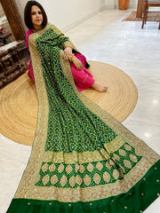 Green Handwoven NeemZari Bareek Bandhani with Meenakari and Dabka Handwork in Pure Georgette