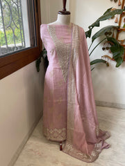 Purplish Pink Gota Applique Suit Set in Pure Mul Chanderi