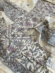 Ivory Suit Set with Kantha Handwork in Pure Tussar Silk