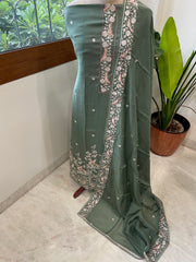 Teal Green Suit Set with Parsi Gara Embroidery Dupatta in Mul Cotton