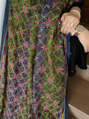 Blue, Green Handmade Kantha Dupatta in Silk