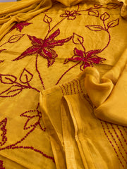 Mustard Yellow Crepe Suit Set With Knot & Sequin Handwork