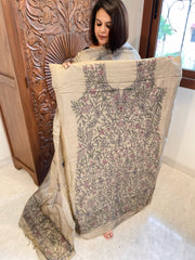 Lite Brown Suit Set with Kantha Handwork in Pure Tussar Silk