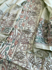 Dusty Green Suit Set with Kantha Handwork in Pure Tussar Silk