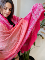 Peach, Pink Rai Bandhej Dupatta with Lucknowi Handwork in Pure Gajji Silk