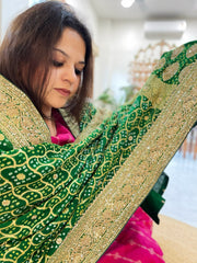 Green Handwoven NeemZari Bareek Bandhani with Meenakari and Dabka Handwork in Pure Georgette