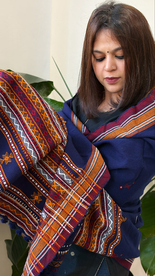 Navy Handwoven Woollen Shawl with Mirror Handwork