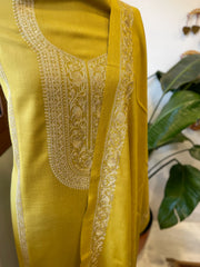 Lemon Yellow Winter Suit Set with Aari Work in Pashmina Wool