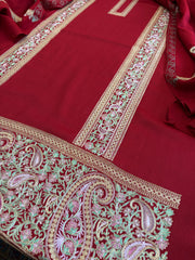 Red Winter Suit Set with Aari Work in Pashmina Wool