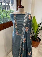 Teal Blue Suit Set with Thread Handwork and Parsi Gara Dupatta in Mul Cotton