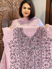 Lavender Suit Set with Kantha Handwork in Pure Tussar Silk