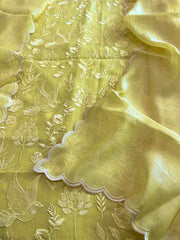 Yellow Suit Set with Thread Embroidery in Pure Mul