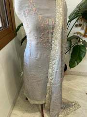 Grey Suit Set with Mirror Work in Pure Cotton