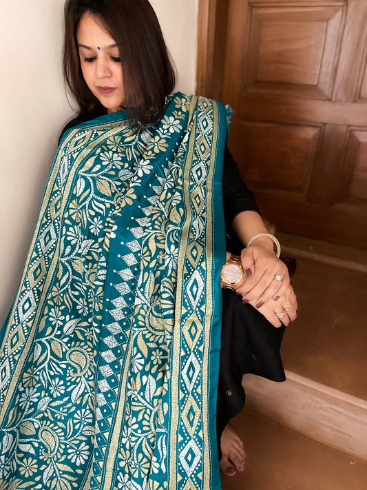 Rama Blue Handmade Nakshi Kantha Dupatta in Pure Silk