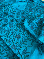 Firoza Suit Set with Kantha Handwork in Pure Tussar Silk