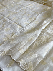 Off white, Pale yellow Applique Jaal Dupatta Suit Set in Chanderi