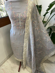 Grey Suit Set with Mirror Work in Pure Cotton