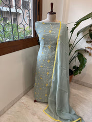 Greenish Grey Suit Set with Thread Embroidery in Pure Mul