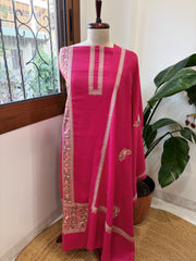 Hot Pink Winter Suit Set with Aari Work in Pashmina Wool